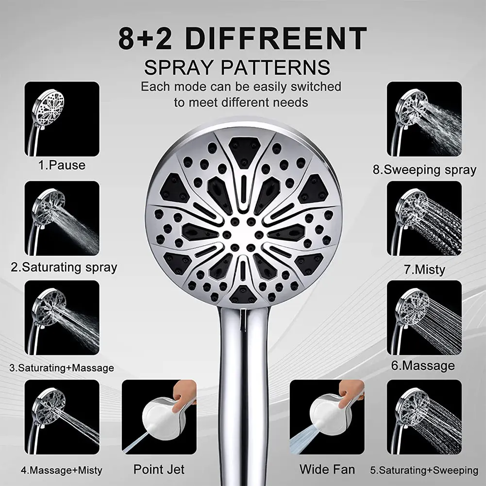 

8+2 Mode Filtered Shower Head with Handheld Multiple Spray Modes High Pressure Shower Head with Hose & Base for Hard Water