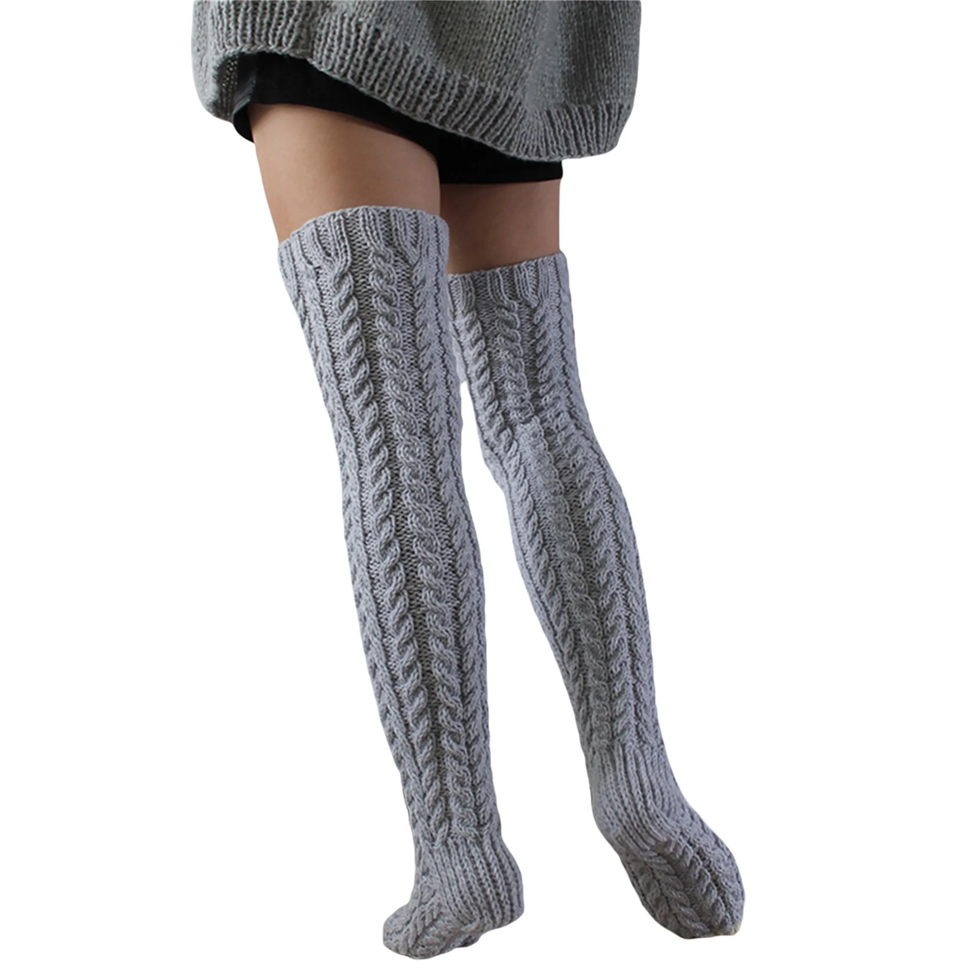 Ladies Winter Cable Knit Thigh High Socks Fashion Over the Knee Leg Warmers Solid Color Boot Stockings for Women