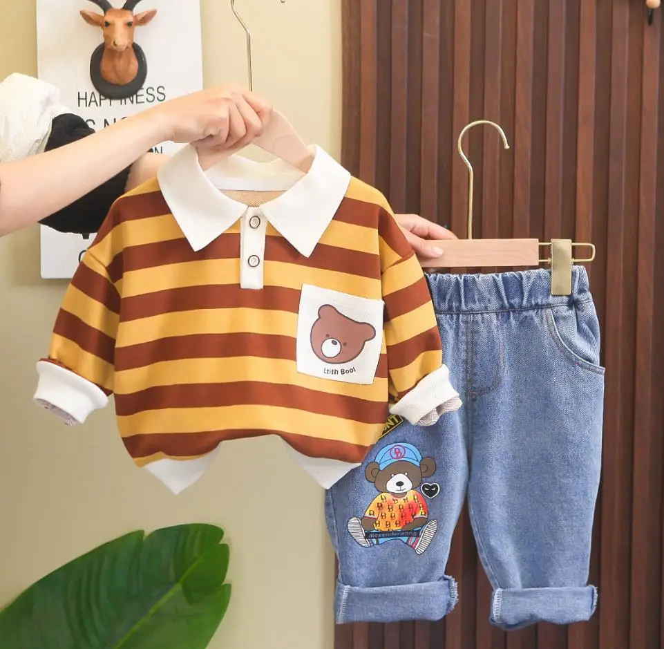 

Boys Spring Clothes Sets 1 To 2 Years Designer Kids Striped Cartoon Bears Long Sleeve T-shirts and Jeans Casual Tracksuits