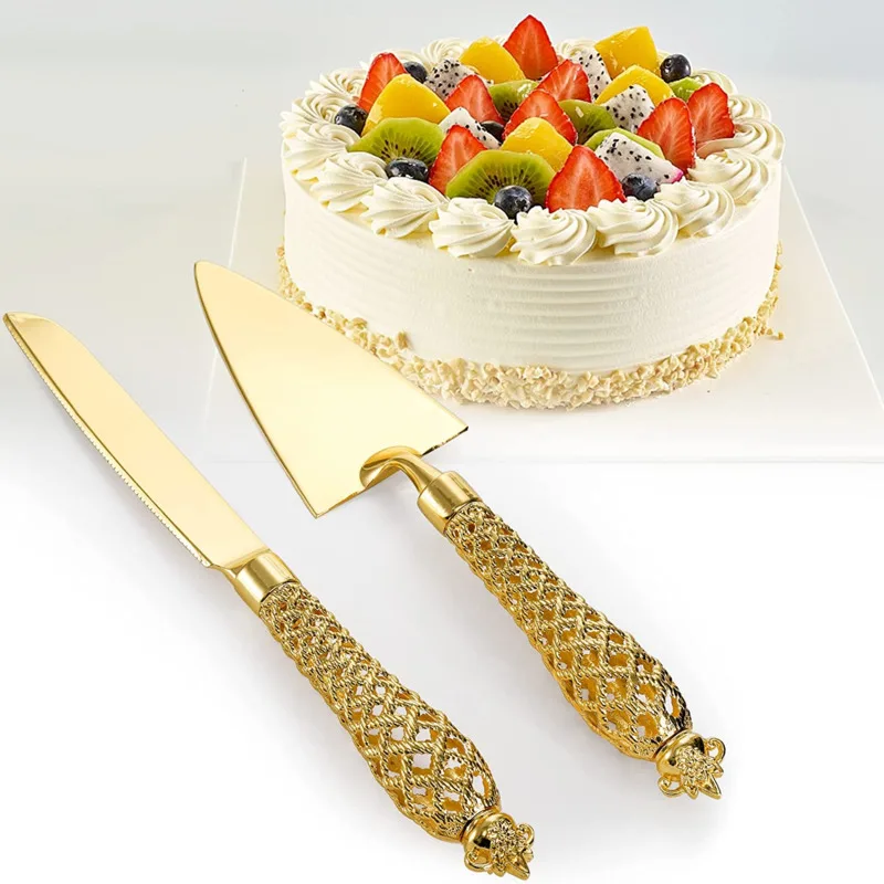 2Pcs/Set Gold Cake Cutting Set Cake Shovel Wedding Party Knife Server Kitchen Dessert Pie Fondant Divider Cutter Spatula