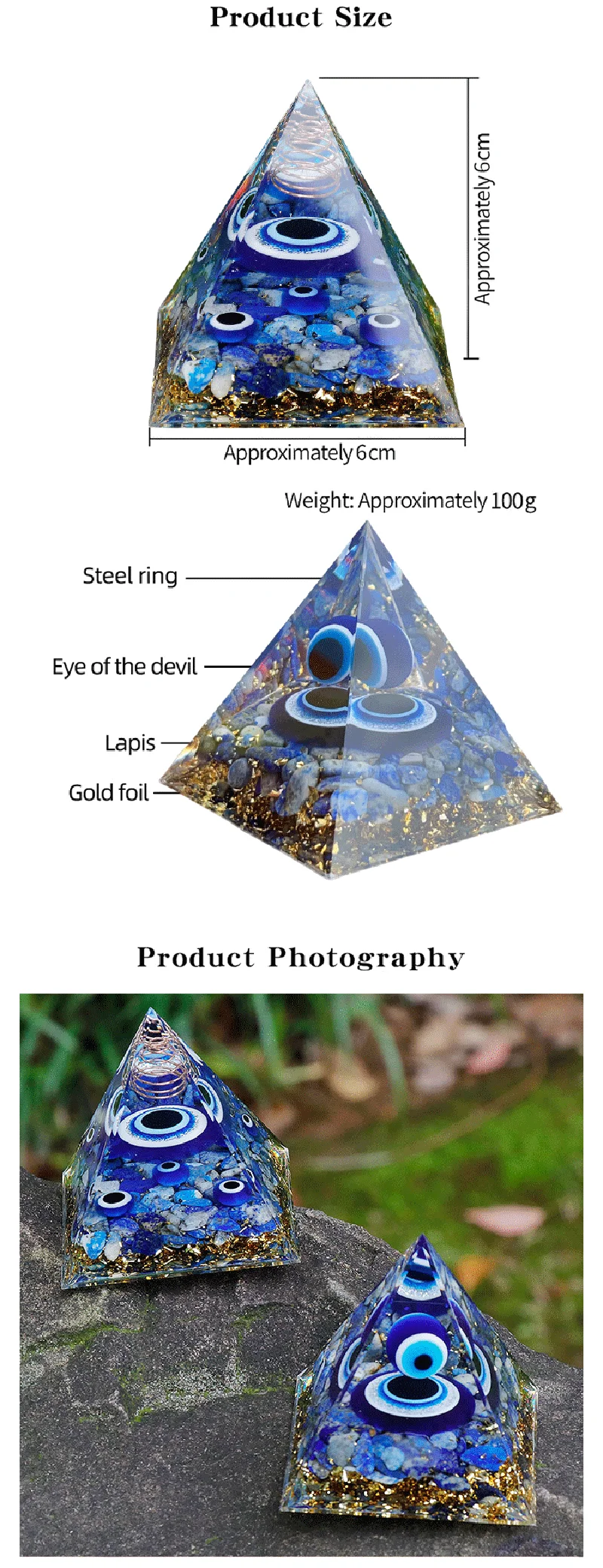 Evil Eye Crystal Pyramid Blue Eyes Natural Lapis Lazuli Stones Healing Crystals Resin Pyramids for Home Decor Ornament Gift Box