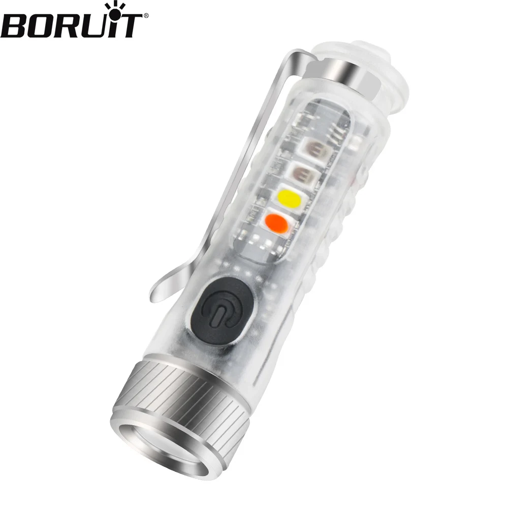 BORUiT LED EDC Keychain Flashlight Type-C Chargeable Super Bright Torch Outdoor Waterproof Camping with Clip UV pocket Lantern