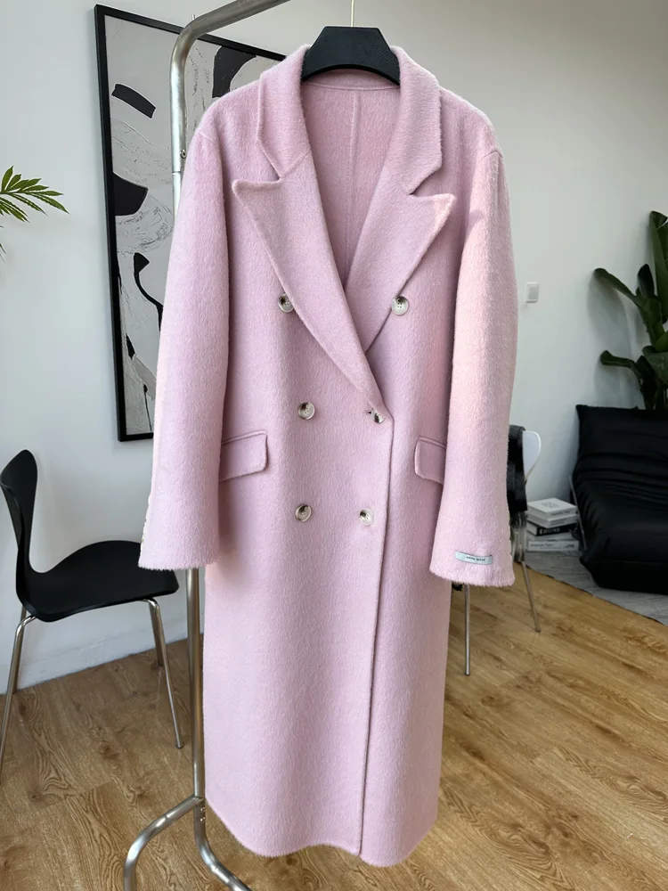 Autumn Winter High-end Double-sided Wool Cashmere Coat Women Pink Color Korea Lapel Medium Long Woolen Coat Female Autumn Winter women s double sided down cotton coat winter jacket medium style parkas loose thickening outwear female overcoat new 2022