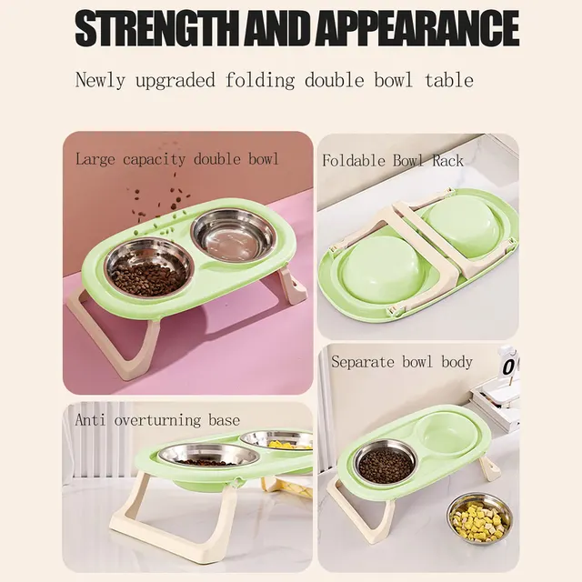 1PC Foldable Stainless Steel Pet Bowl Cat Food Bowl Cat Bowl Dog Food Bowl Neck Protection High Foot Double Bowl 6