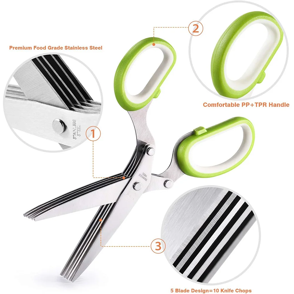 Herb Scissors  Stainless Steel 5 Blade Kitchen Shears Household Vegetable Cutter with Cover Multifunctional Kitchen Gadgets 2 Herb Scissors  Stainless Steel 5 Blade Kitchen Shears Household Vegetable Cutter with Cover Multifunctional Kitchen Gadgets 2