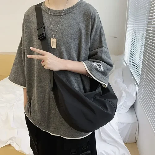 남성용 크로스 바디 백, 단색, 대용량 호보, 남녀공용 하라주쿠 일본 스타일 나일론 방수 여행 어깨 지퍼 지갑 3