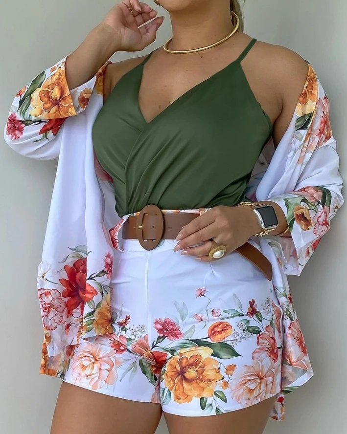 

Women Fashion Suits 2024 Spring/summer Latest Casual Commuting Open Front Floral Print Long Sleevetop&daily Vacation Shorts Set