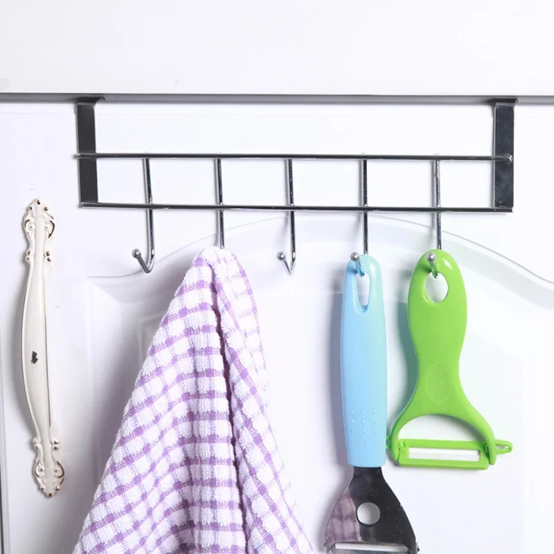 Nail-free Stainless Steel Five Hooks Cabinet Behind The Door Hanger Clothes Hook Over Door Bathroom Kitchen Shelf Organizer