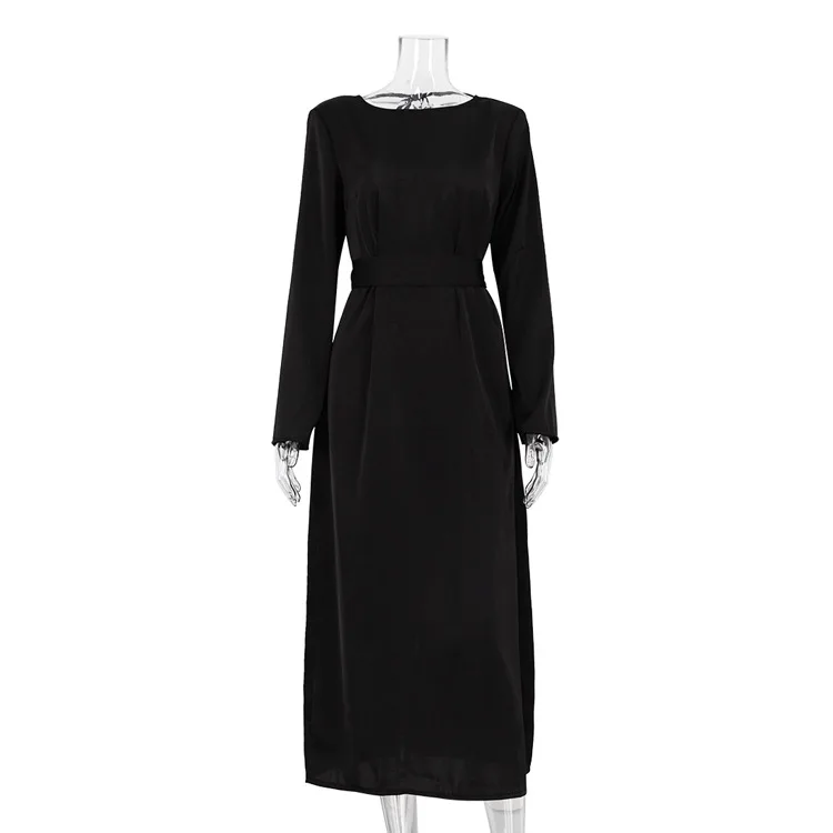 Backless Lace-Up Slim Maxi Dress Female Black Fashion Autumn 2025 Bandage Long Sleeve Solid Elegant Patchwork Long Dress