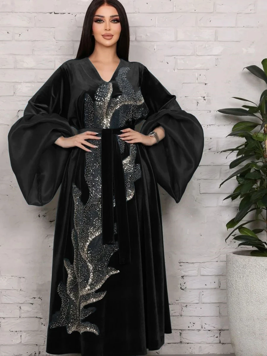 vestido-de-manga-folhada-de-veludo-com-faixas-para-mulheres-gola-v-kaftan-casual-kaftan-marroquino-ramadan-muculmanos-dubai-outono-inverno