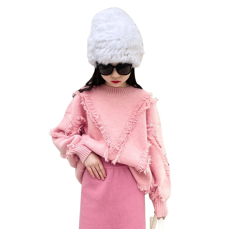 

Girls Clothes Spring New Korean Fashion Tassel Design Knitted Sweater + Skirt 2pcs Casual Streetwear Teens Clothing Set 4-14 Yrs