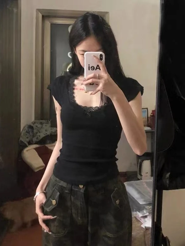 2026 Y2k Lace Patchwork Crop Top Aesthetic Streetwear Harajuku Women Vintage U Neck T-shirt Bow Bottoming Grunge Black Basic Tee 4