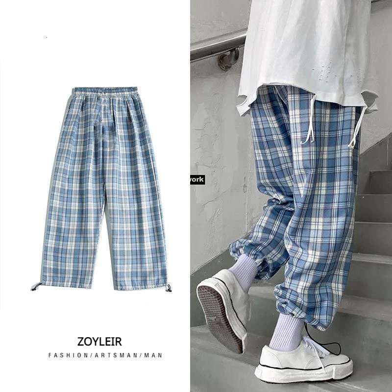 

Ice Silk Plaid Pants Casual Sport Joggers Wide Leg Oversize Pants Baggy Sweatpants Male Streetwear Fashion Basketball Man 2023