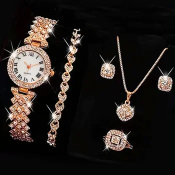 5PCS Set Watch Ring Necklace Earrings for Women Rhinestone Wristwatch Female Casual Ladies Watches Bracelet Set Clock (No Box)
