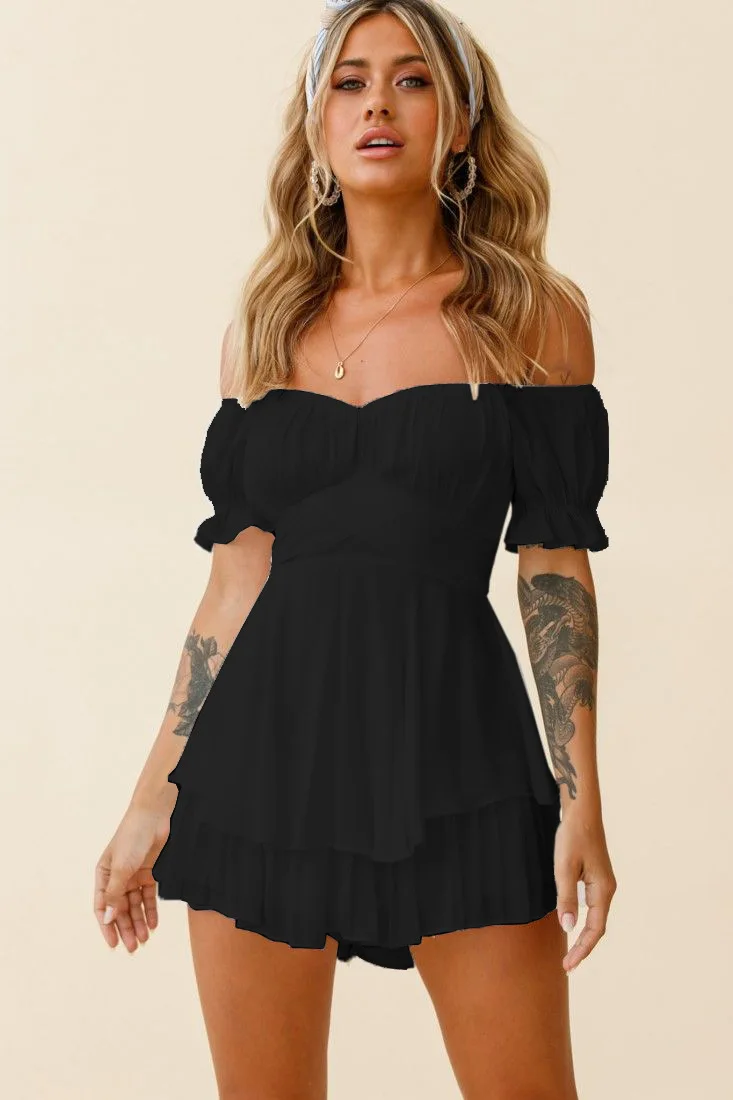 Summer Fashion Holiday Solid Color Off Shoulder Knotted Puff Sleeve Skinny Shorts Skorts Fairy Casual One Piece Women Romper