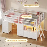 Low Loft Bed Twin Size with 7 Storage Drawers, Bookcase and LED Lights, Metal Kids Loft Bed with 14" H Safety Guardrail 4