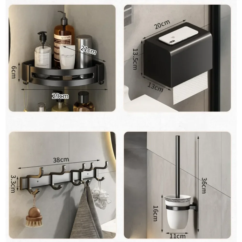 Bath Hardware Sets Towel Rack Shower Bar Rail Holder Double Shelves Hooks Hanger Paper Tray Toilet Brush Holders Black Aluminum