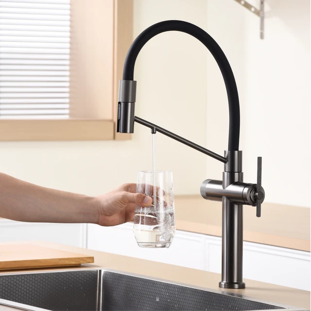 ก๊อกน้ำครัวแบบ 3-in-1 สีเทาปืนทองเหลือง รุ่นโมเดิร์น แบบรูเดียว พร้อมตัวกรองน้ำแยกต่างหาก ก๊อกน้ำแบบดึงออกได้  แบบผสมน้ำร้อนน้ำเย็น 3