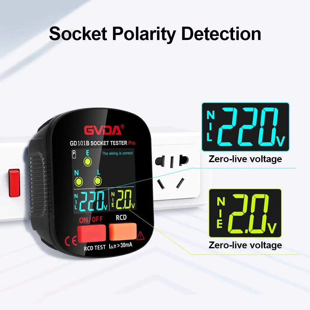 Socket Tester socket tester GVDA Pro Voltage Test Digital Outlet Socket Detecter EU Plug Ground Zero Line Plug Polarity Phase Checking GD101B