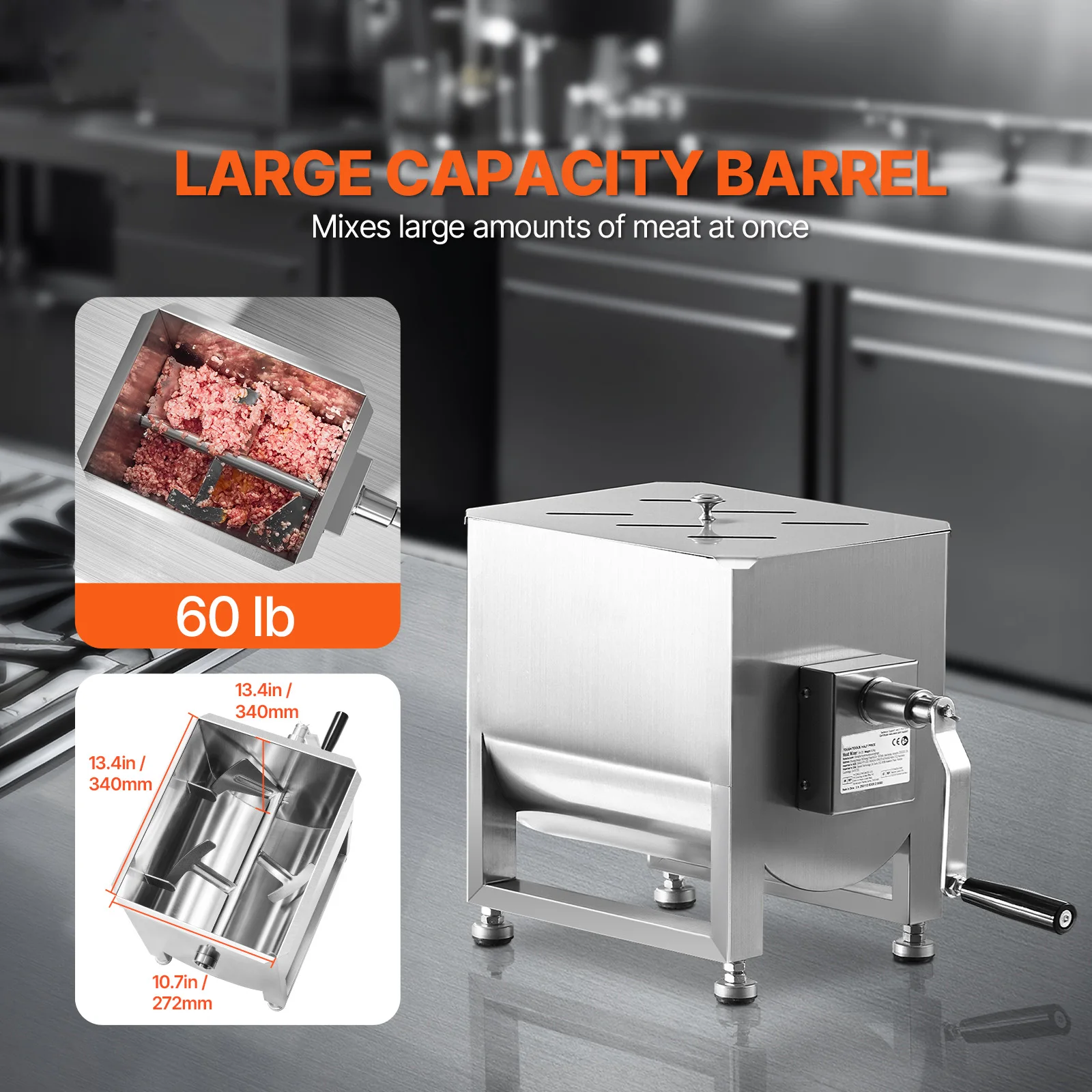 SucceBuy Manual Meat Mixer 10-60L Tank Meat Processing Equipment(Mixing Max 60LBS ) with Lid Handle Gear Reducer Hand Mixer 2