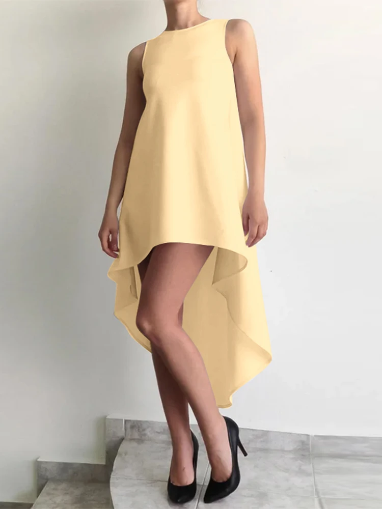 

ZANZEA 2023 Summer High Low Mini Dress Asymmetrical Hem Fashion Dress Women Party Sundress Holiday O-neck Sleeveless Short Robes