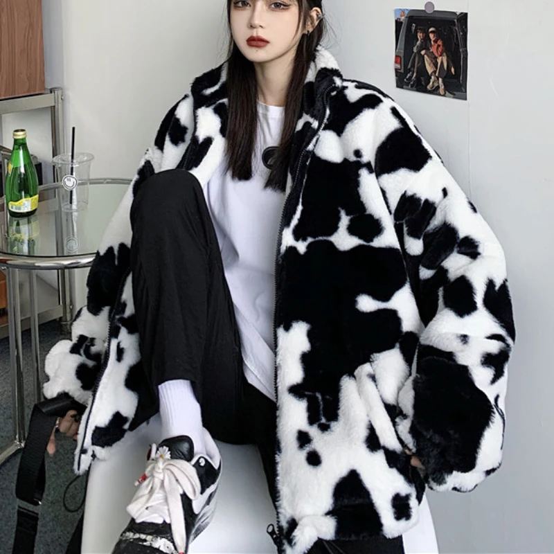 JMPRS Winter Women Faux Fur Coats Harajuku Fashion Cows Print Loose Female Warm Cotton Jacket Casual Korean Ladies Clothes maxi puffer coat