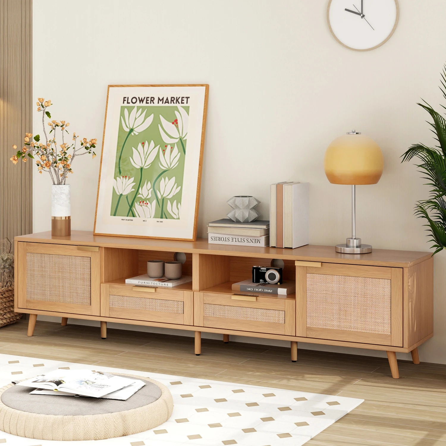 Rattan TV Stand for TVs up to 85'', Modern Farmhouse Media Console, Entertainment Center with Solid Wood Legs, TV Cabinet for Li 6