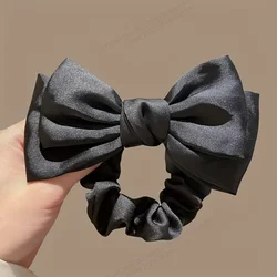 Elegant Textured French Bow Scrunchie - Luxury Ribbon Flutter Hair Accessory (Black)