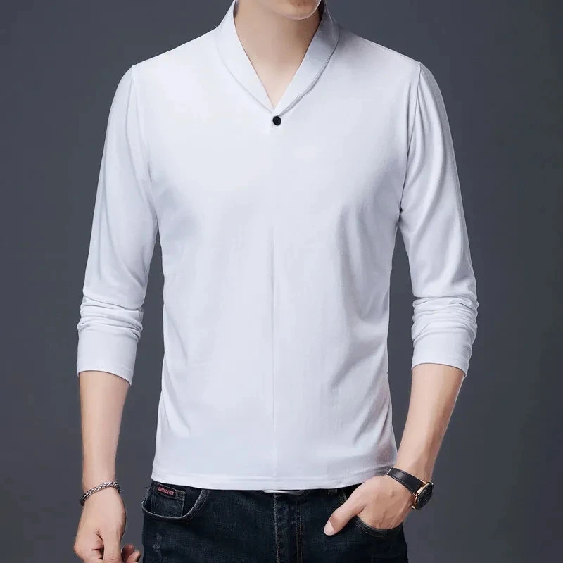 

Футболка мужская с V-образным вырезом, Топ с длинным рукавом, свободная рубашка в Корейском стиле, одежда в стиле Харадзюку, однотонная повседневная одежда, весна-осень