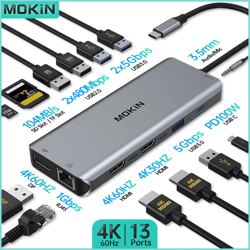 

Док-станция MOKiN 13 в 1 для MacBook Air/Pro, ноутбука Thunderbolt с USB3.0, HDMI 4K30 Гц, DP 4K60 Гц, PD 100 Вт, RJ45 1 Гбит/с