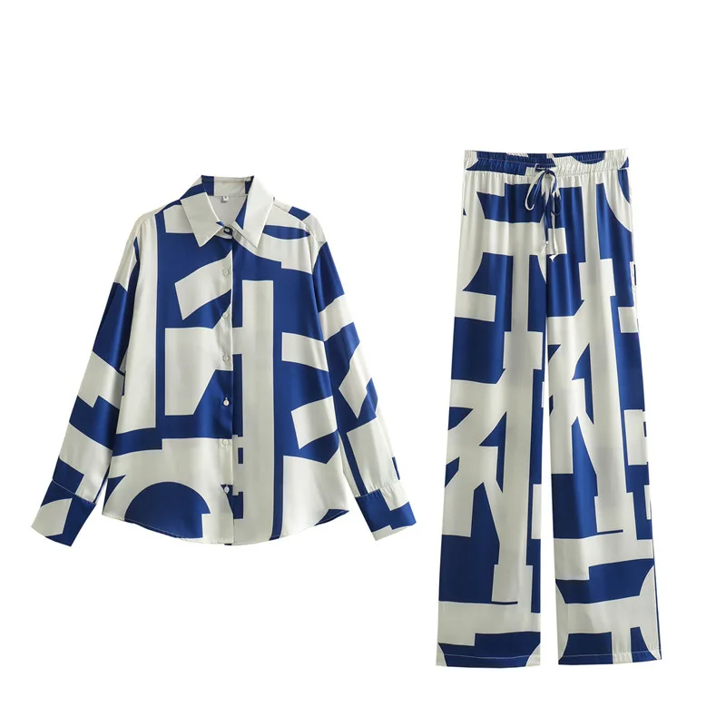 Spring New Shirt Printed Lapel Long-sleeved Silk Satin Texture Shirt Casual Trousers Elastic Waist Lace-up Wide-leg Pants