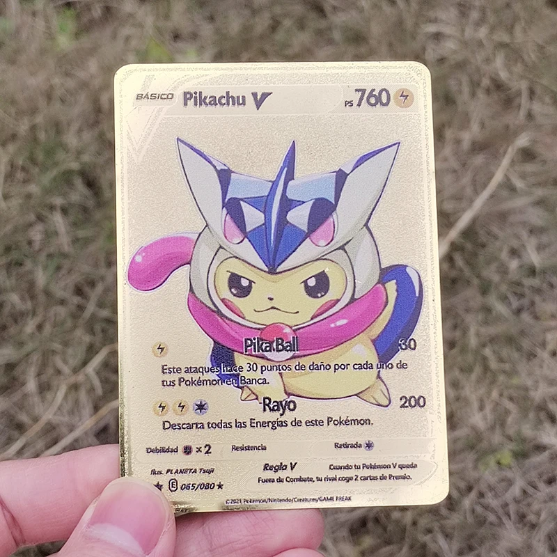 

2023 Pikachu Metal Pokemon Cards Letters Golden Cosplay Eevee Greninja Pokémon GX Vmax V Game Collection Children Toys