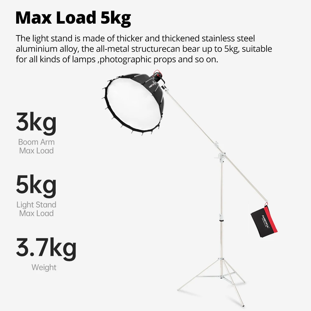 AMBITFUL AS400 380cm 라이트 스탠드 스테인리스 스틸 헤비 듀티 삼각대 1/4 3/8 나사 하중 10KG 스튜디오 플래시 소프트박스 조명용