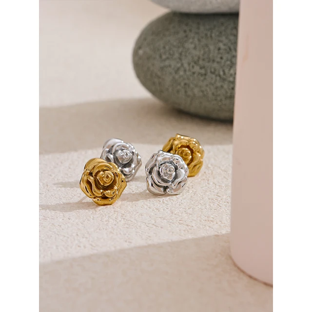 Yhpup  Stainless Steel Rose Flower Waterproof Daily Stud Earrings for Women Stylish Texture Gold Color Plated Jewelry Bijoux 2
