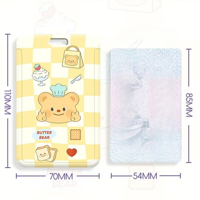 Cartoon Bear Slide Card Holder with Lanyard Student ABS Plastic ID Badge Holder 110x70mm for Office Access Cards Storage