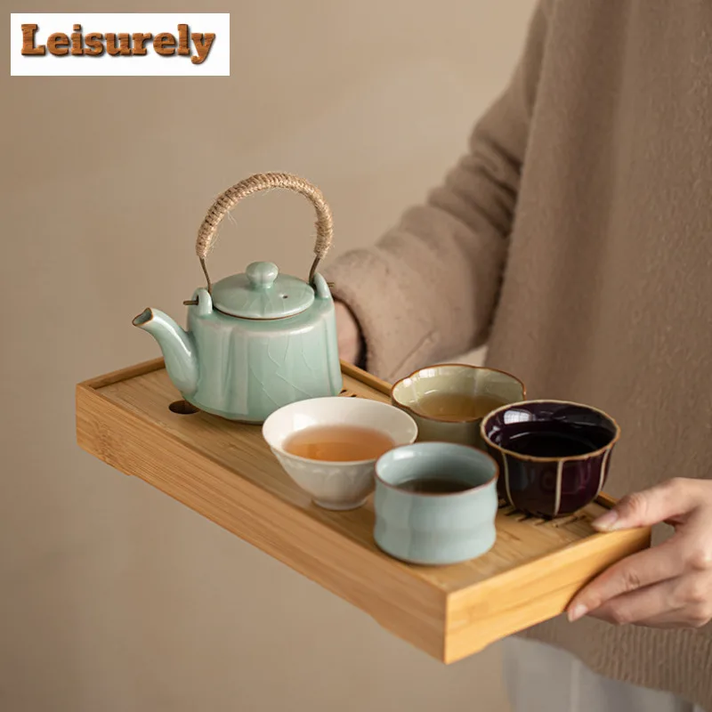 Five Famous Kilns Lifting Beam Pot Tea Set Complete Set Ancient Tea Ceremony Set Teapot And Tea Cup Set Cafes Ornaments Supplies