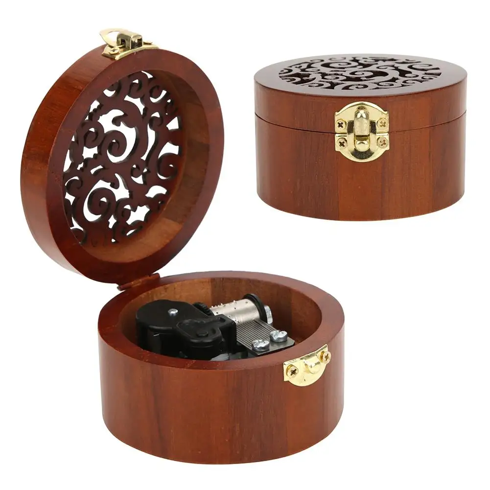 Round Wood Carving Music Box Castle In The/Swan Lake Hand Cranked Clockwork-Ideal For Birthday & Christmas Gift