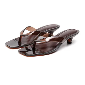 Vacation Elegant Thong Slides Women Heeled Sandals Square Toe Clear Brown Kitten Heel Summer Beach Party Shoes Woman Flip Flops 1