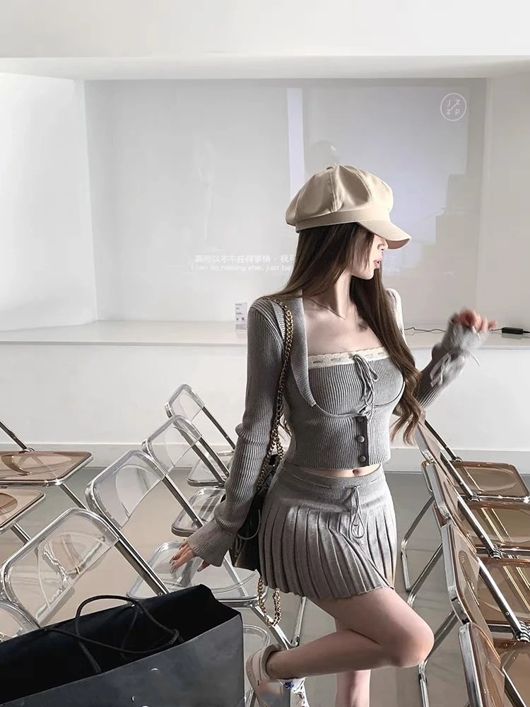 Solid Knitted Suit 3 Piece Set Woman Y2k Cropped Patchwork Vest + Slim Cardigan + Mini Pleated Skirt Autumn Korean Chic Outfits
