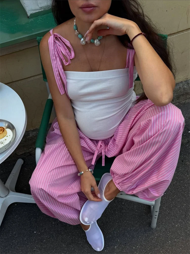 Tossy Striped Lace-Up Casual Women's Pants Patchwork Loose Streetwear Trousers High Waist Commute Clothes Female Bandage Pants