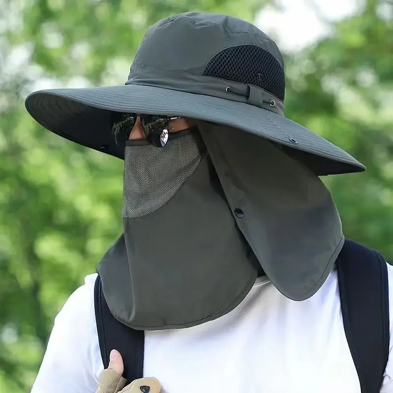 Sun Hat Men&rsquo;s Summer Large Brim Mountaineering Fishing Outdoor Sun Protection Removable Mask