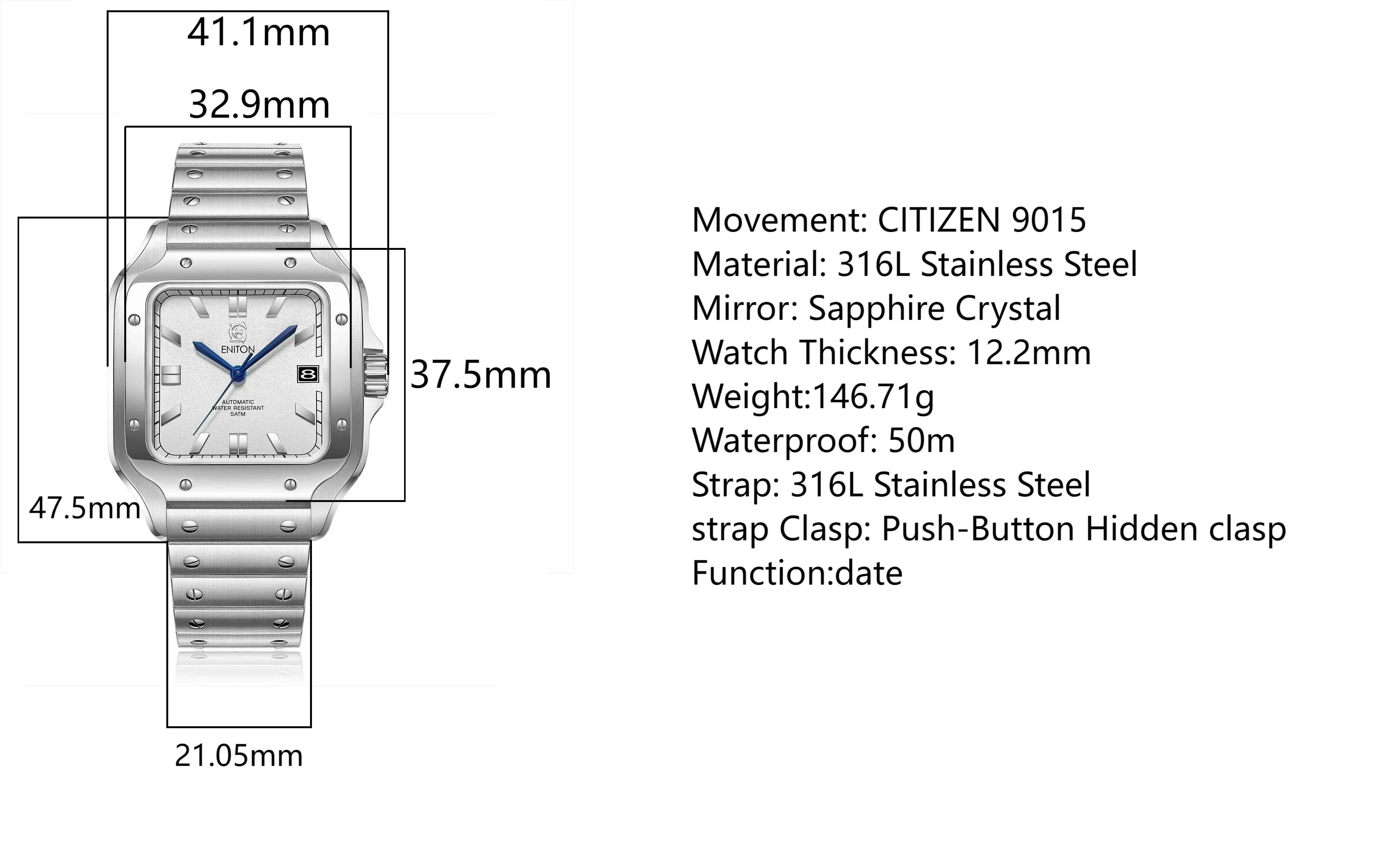 ENITON High Quality Mechanical Stainless Steel Men's Watch Square Case 5ATM Waterproof Removable Strap Business 2