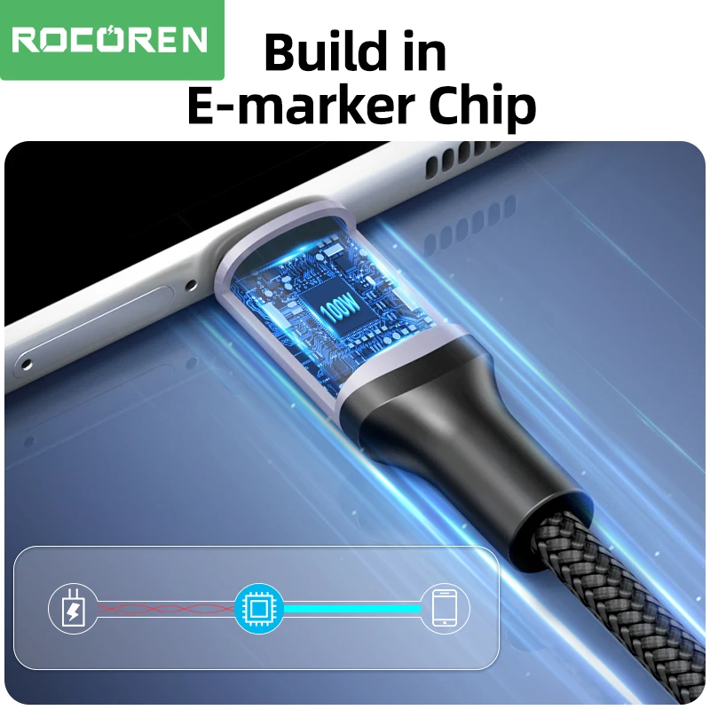 Rocoren 100W USB Type C To USB C Cable 2m PD Fast Charging Charger Wire Cord For Macbook Samsung Xiaomi Type-C USBC Cable 5A Best Sellers In Phones Accessories