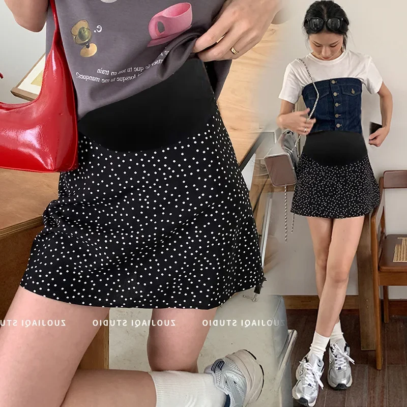 Maternity High Waist Polka Dot A- Line Mini Skirt Summer Korean Style Versatile Sweet Short Skirt for Pregnant Women