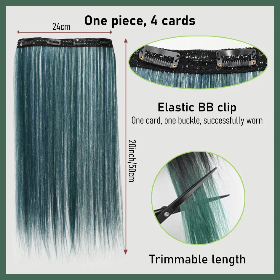 Synthetic 50cm 4-card color straight hair extensions, clip on ponytails, pink/blue/purple wigs, Halloween/Christmas wigs