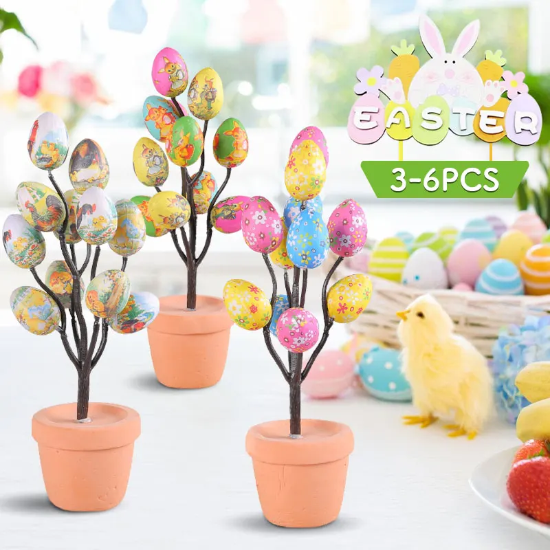 

2024 Easter Simulation Eggs Potted Plant Party Decors Creative Speckled Egg Bonsai Desktop Ornaments Happy Easter Festival Decor