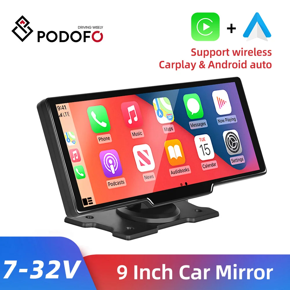 Podofo Car Mirror Video Recording Carplay & Android Auto Wireless