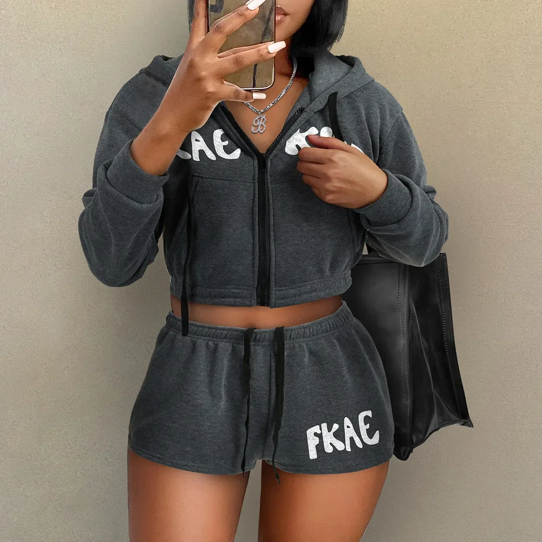 Letter Print Thick Tracksuits Fleece Two Piece Set Women Casual Long Sleeve Zipper Hooded Sweatshirts Crop Tops And Shorts Suits sweatshirts i didn t choose the thick thigh life sweatshirt in green size l m s