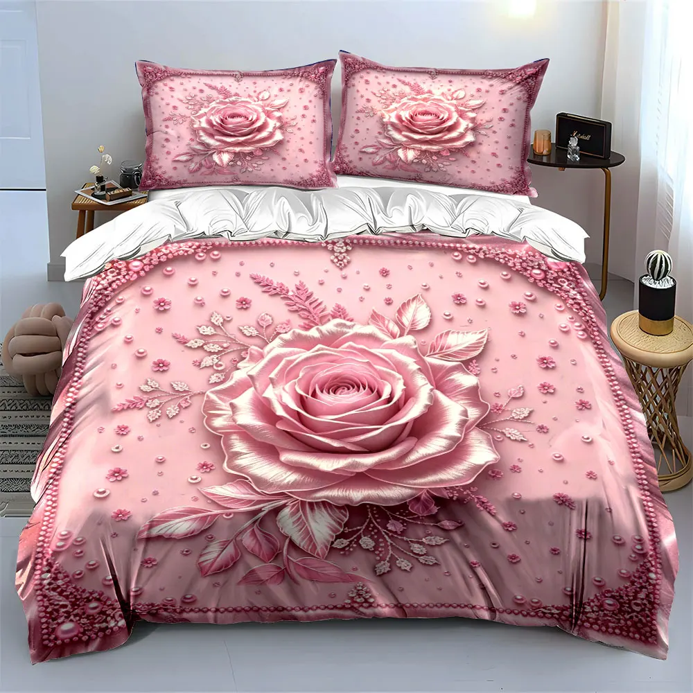 3D Pink Rose Embossed Bedding Set 3PCS Pearl Floral Print Duvet Cover with Pillowcases Luxury Romantic Style for Bedroom, Gift 2
