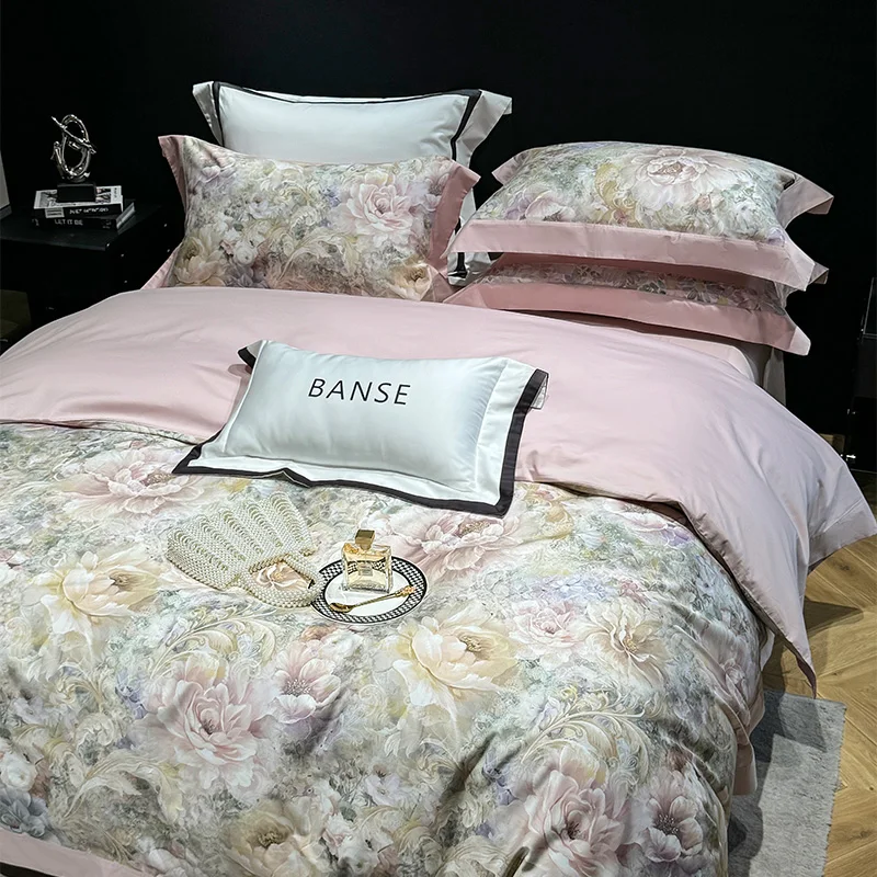 American Style Vintage Flowers Prints Luxury Bedding Set 1000TC Egyptian Cotton Duvet Cover Set Flat/Fitted Bed Sheet Pillowcase 6